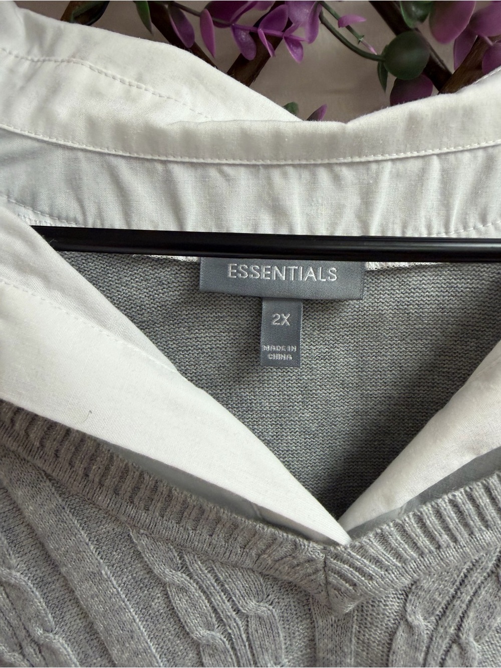 Essentials Light Gray V-Neck Cable-Knit Sweater with White Shirt Trim - Picture 2 of 3